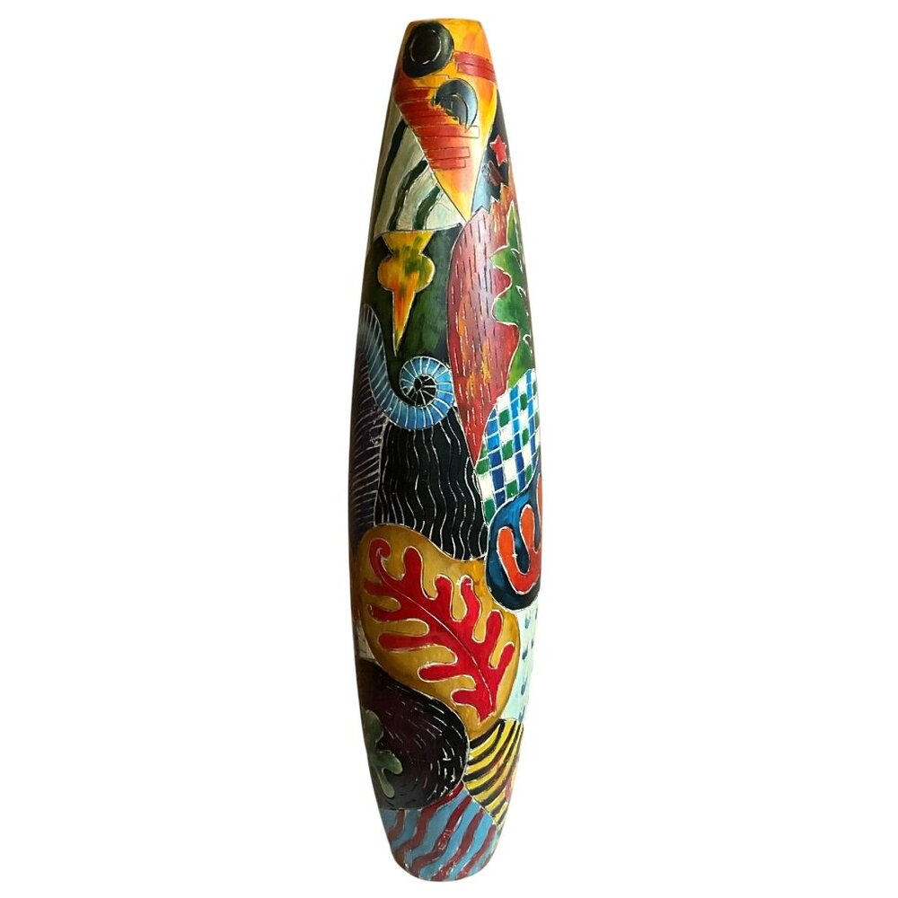 Hand-Painted Torpedo Shape Vase Ceramic Abstract Design No Flaws 24.5" Tall